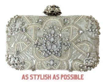 Silver Beaded Even Clutch Bag with Chain, Sparkly Rhinestone Cocktail Purse, Elegant Bridal Prom Purse, Cross Body or Shoulder Party Bag