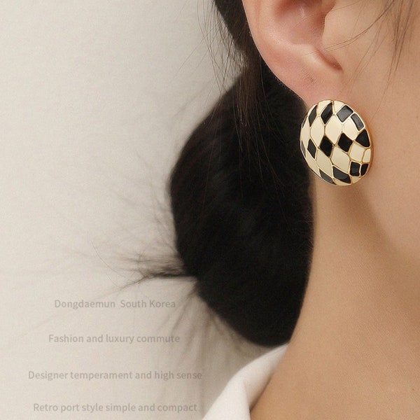 Checkers Pattern Stud Earrings, Black & White Vintage Earrings, Gift For Her, Korean handmade Statement Earrings, Retro Handmade Jewlery