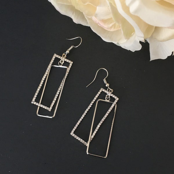 Double rectangle dangle Earrings#Geometric exaggerated rhinestone earrings#crystal triangle gold earrings-Drop-Sterling Silver needle-Boho