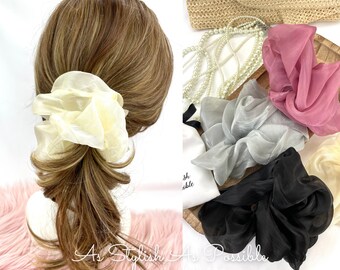 Pearl Sheer Organza Large Scrunchie l Oversize 3D Elegant Scrunchies l Summer Color Ponytail Organza Elastic l Messy Bun Tie l Cadeau pour elle