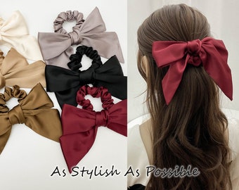 Satin Large Bow Scrunchie-Elegant Silk Like Satin Bow Women-Bowknot Elastic- Handmade Korean Hair Tie-Korean design- Christmas Gift for her