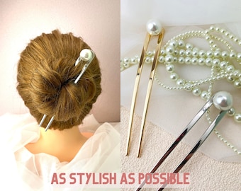 14 CM Long Metal Pearl Hair Fork ~ Sliver and Gold Chignon Hair Stick ~ Metal Bun holder ~ Two Prong Hair Fork -Chignon holder -Gift For Her