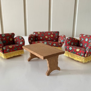 LISA of Denmark | Livingroom set with Sofa, 2 Armchairs and Table | Scale 1:16 Vintage Lundby Dollhouse 1970s