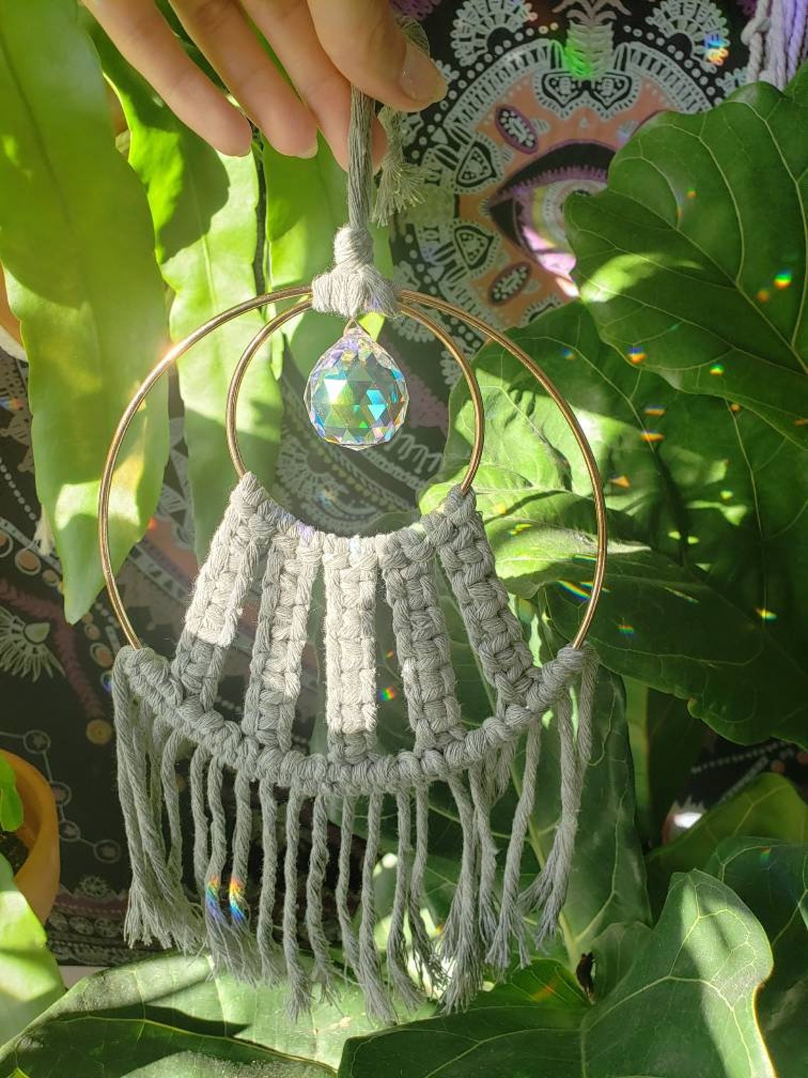 Sage Macrame Suncatcher Boho Hippie Window Crystal Etsy
