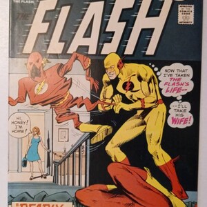 May include: A comic book cover featuring the Flash, a superhero with red and yellow costume, running and fighting a villain. The cover text reads "The Flash" and "Deadly Secret of the Flash!"