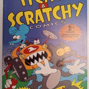 Op de afbeelding: Een comicboekomslag met Itchy & Scratchy Comics #1. De omslag toont een blauw muispersonage dat een gele auto bestuurt met een grote, tandenrijke bek. Een grijs kattenpersonage rent achter de auto aan, met een verbaasde uitdrukking op zijn gezicht. De tekst op de omslag luidt "Itchy & Scratchy Comics" en "1e nummer! Vol actie voor verzamelaars!"