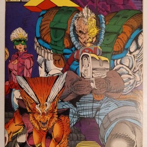 May include: A comic book cover featuring a group of superheroes. The cover is predominantly red, yellow, and blue. The title of the comic is "X-Force" and the issue number is 1. The cover features a group of superheroes, including a man with a white beard and a woman with orange fur.