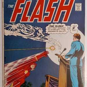 Può includere: La copertina del fumetto The Flash, numero 224, dicembre 1975. The Flash, un supereroe rosso, corre nell'aria, lasciando una scia rossa e gialla dietro di sé. The Flash corre verso un uomo in un abito blu che parla a un podio. Il testo sulla copertina dice "The Flash non è abbastanza veloce per intercettare questo proiettile dell'assassino - Ma io sì!" e "Non indovinerai mai cosa succede quando l'uomo più veloce vivo è perseguitato dall'uomo più veloce morto!"