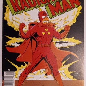 May include: Comic book cover featuring a yellow and red radioactive man character with a black atomic symbol on his chest. The cover is titled "Radioactive Man" with the text "Bart Simpson's Favorite Comic Book!" at the top. The cover is set against a background of a yellow and orange explosion.
