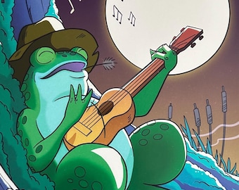 Uke-Playing Frog Print, Frog Art, Amphibian  Wall Decor, Art for Kids, Home Decor, Frog illustration, Funny Frog Art, Cute Frog, Music Art