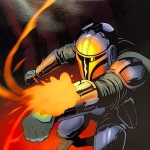 May include: A comic book illustration of a Mandalorian character in a dark setting, firing a weapon with a bright orange flame. The character is wearing a helmet with a yellow visor and a dark blue and green suit. The background is a dark red and orange color.