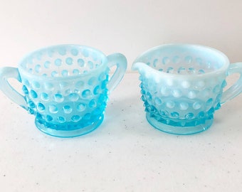 Fenton Vintage Hobnail Milk Glass Mini Sugar & Creamer Set Aqua Blue