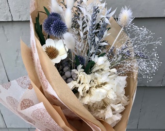 Dried Flower Bouquet - "Newport" - blue and white everlasting flowers, botanicals; wrapped, ready to gift - mom, sister, housewarming