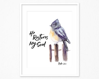 Aquarell Bibel Vers Instant Download druckbare Kunst, er stellt meine Seele Vogel Kunst druckbare (digitaler Download)