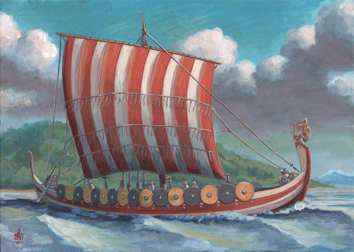Viking art Viking painting Original art Viking Drakkar with | Etsy