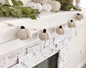 Autumn Garland White Pumpkin Garland Mantel Garland Pumpkin Garland Garland For Mantle Wooden Bead Garland Crotchet Garland Fall Garland