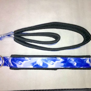 May include: A blue and white patterned dog leash with black edging and a silver metal clip.