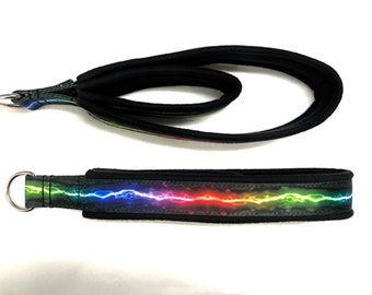 May include: A black dog leash with a rainbow lightning bolt design. The leash has a metal ring on each end.