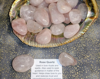 May include: A collection of pink rose quartz tumbled stones in a seashell. The stones are smooth and polished. The text on the card reads: "Rose Quartz Used in love rituals and spells. Also used to seek guidance in matter of the heart. Helps draw love to you and restores trust and unconditional love in existing relationships. Benefits sexual imbalances, Parkinson's, senile dementia, reduces tension"