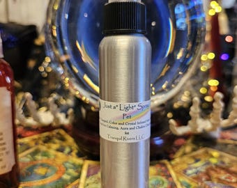 May include: A silver spray bottle with a black cap and clear nozzle. The label reads "Just a Light Spray Pet" with additional text. The bottle is 4 oz. and is in front of a large glass sphere.