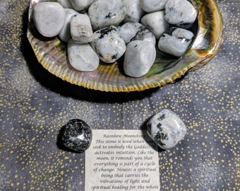 May include: A collection of rainbow moonstone tumbled stones in a seashell. The stones are white with black and grey streaks. The text on the card reads: "Rainbow Moonstone This stone is used when you seek to embody the Goddess. It activates intuition. Like the moon, it reminds you that everything is part of a cycle of change. Houses a spiritual being that carries the vibrations of light and spiritual healing for the whole of humanity. Good for internal organs, eyes, arteries"