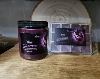 May include: A jar candle and wax melts with a wine theme. The candle is in a glass jar with a black lid and a label that reads "Wino." The wax melts are in a clear plastic container with a label that also reads "Wino."