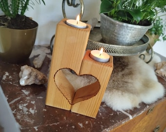 Heart Candle Holder, Two-piece Decorative made from Wood, Home Deco Gift, Hand Made Decoration