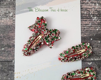 Christmas red/green/gold glitter bow snap clip - glitter hair clips-sparkly hair clips- scalloped hair clips, Christmas hair bow