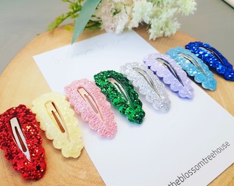 Glitter snap clip set- glitter hair clips-sparkly hair clips- scalloped hair clips