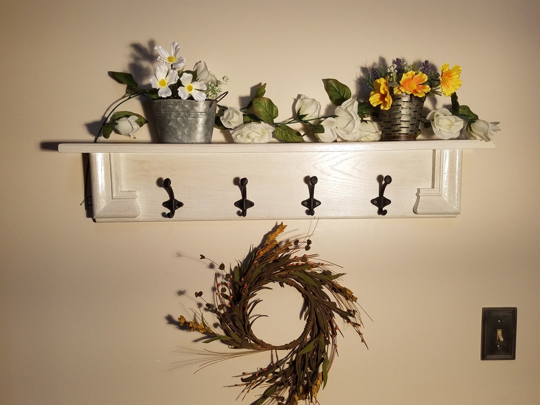 Coat Rack With Shelf, 4 Hook Wall Hung Coat Rack Shelf, Rustic Wall Hung Coat Rack,white Coat