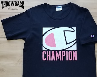 Vintage Champion Spell Out Tee Shirt Black  Mens Size XL or Womens 2X/3X Oversized