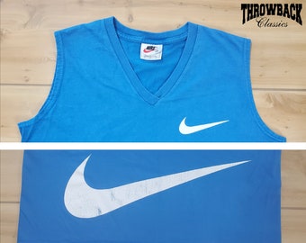 Vintage Nike 90s White Tag Big Swoosh Logo Back Blue Tank Mens Size M or Oversized Womens M/L