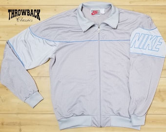 Vintage Nike 90s Mesh Zip Jacket Gray Tag Spell Out Sleeve Retro Track Sweatshirt - Men Size Large or Oversize Womens L/XL