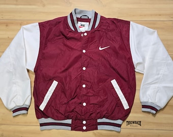 Vintage Nike 90s Windbreaker Bomber Button Snap Varsity Jacket Swoosh Logo White Tag - Men Size Medium or Women Oversized M/L