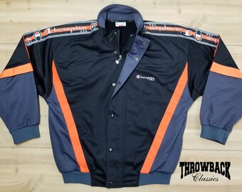 Vintage Champion USA Spell Out Sleeve Sweatshirt Snap Zip Jacket Black Orange - Mens Size Small or Womens Oversized S/M
