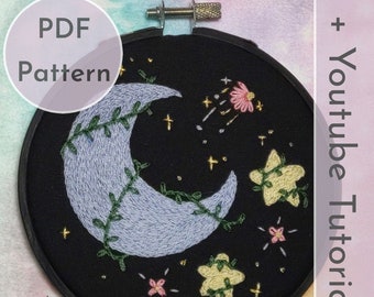 PDF Embroidery Pattern + Video Tutorial, stitch guide, color guide, for hand embroidery Flower Moon