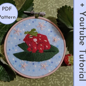 PDF Embroidery Pattern + Video Tutorial, stitch guide, color guide, for hand embroidery Strawberry Frog