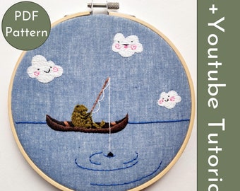 PDF Embroidery Pattern + Video Tutorial, stitch guide, color guide, for hand embroidery Frog Fishin'