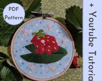 PDF Embroidery Pattern + Video Tutorial, stitch guide, color guide, for hand embroidery Strawberry Frog