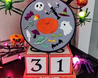 PDF Embroidery Pattern + Video Tutorial, stitch guide, color guide, for hand embroidery Halloween Sampler