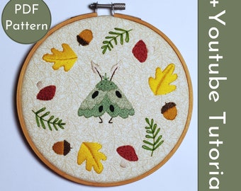 Moth PDF Embroidery Pattern + Video Tutorial, stitch guide, color guide, for hand embroidery