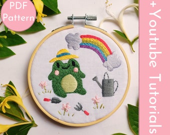 Garden Variety Frog PDF Embroidery Pattern + Video Tutorials, stitch guide, color guide, for hand embroidery