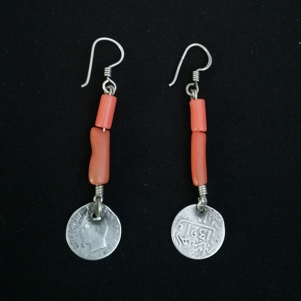Coral Sterling silver & antique Coins Earrings