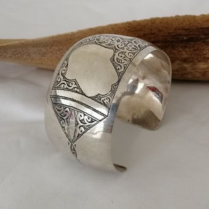 Berber Tuareg Silver Cuff with Khamsas, Hand of Fatima and Carving.