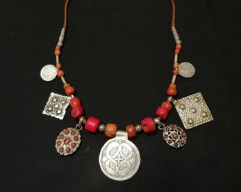 Vintage Coral Bead and Berber Silver Amulet charm Necklace