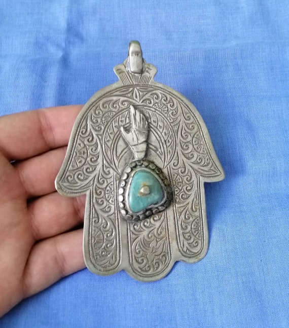 Vintage Berber Silver Khamsa with Turquoise and H… - image 1