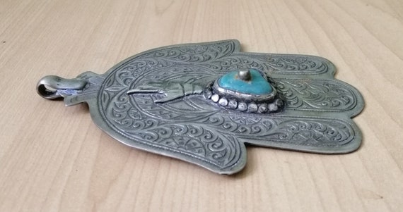 Vintage Berber Silver Khamsa with Turquoise and H… - image 4
