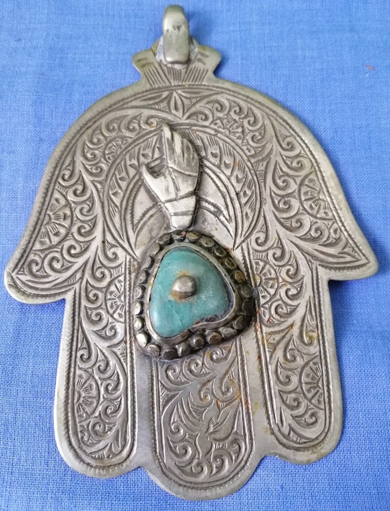 Vintage Berber Silver Khamsa with Turquoise and H… - image 3