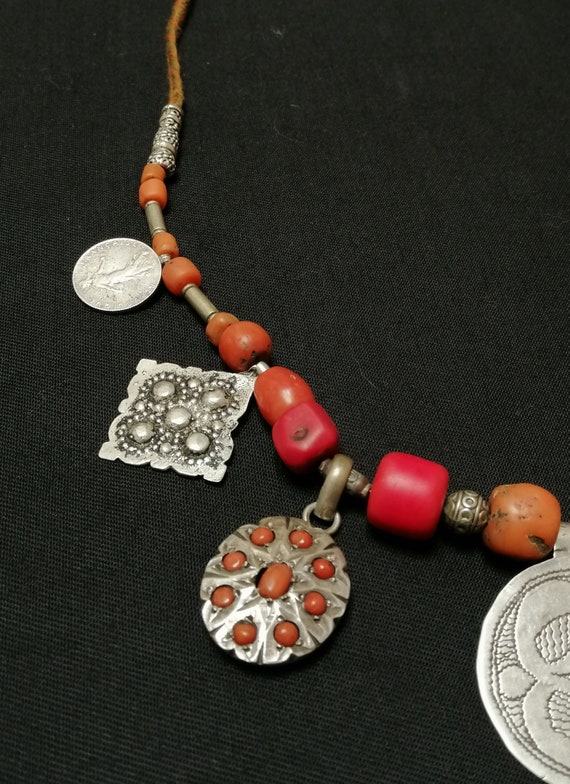 Vintage Coral Bead and Berber Silver Amulet charm… - image 4
