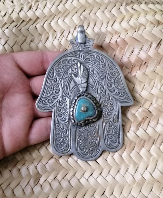 Vintage Berber Silver Khamsa with Turquoise and H… - image 2